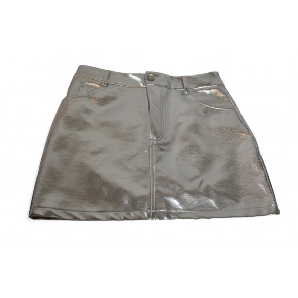7 For All Mankind Metallic Silver Faux Leather Mini Skirt Size L Shiny Stretch - Picture 2 of 3